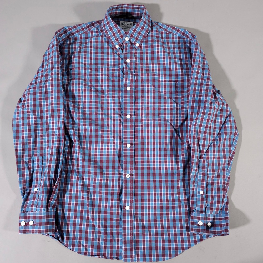 L.L. Bean Button Down Shirt Mens Small Blue Burgundy Plaid Traditional Fit